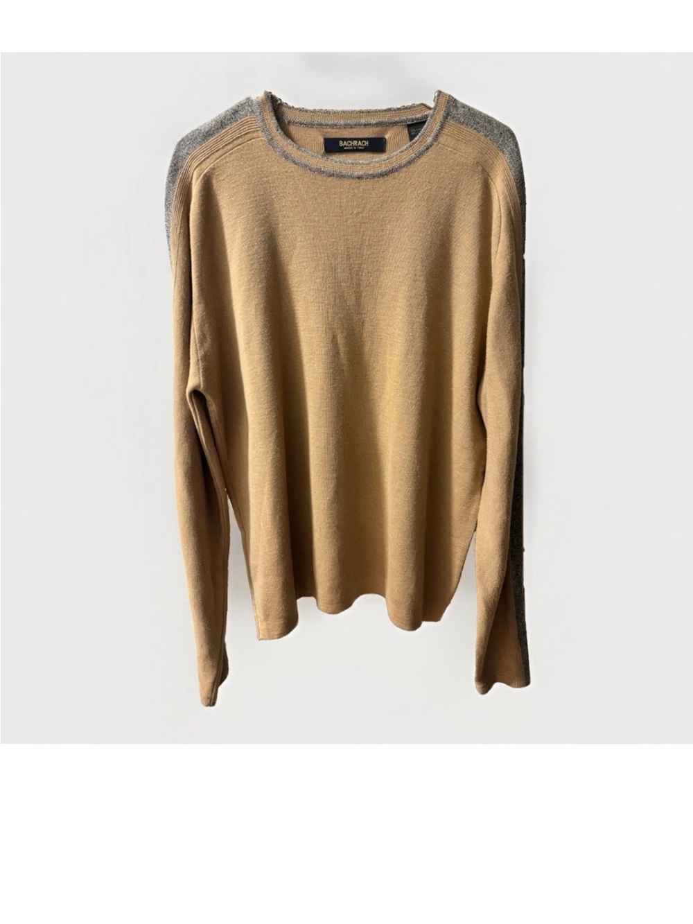 Bachrach Men's Camel Crewneck Sweater with Gray Shoulder Trim